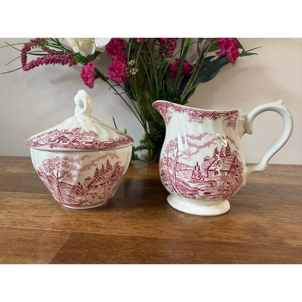 Vintage Churchill The Brook Pink Creamer Sugar Bowl Set England Transferware